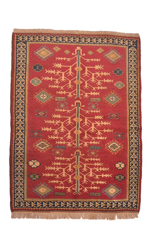 Red Turkish Rug | Beige Trees Rug | 4 x 6 Feet | Tribal Vintage Rug | Hand Knotted Wool Rug | Accent Rug