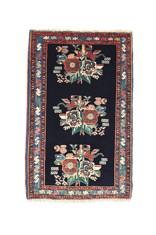 Floral Vintage Rug | 2 x 3 Rug | Small Persian Turkish Rug | Handmade Rug | Colorful Border | Black Background Wool Rug