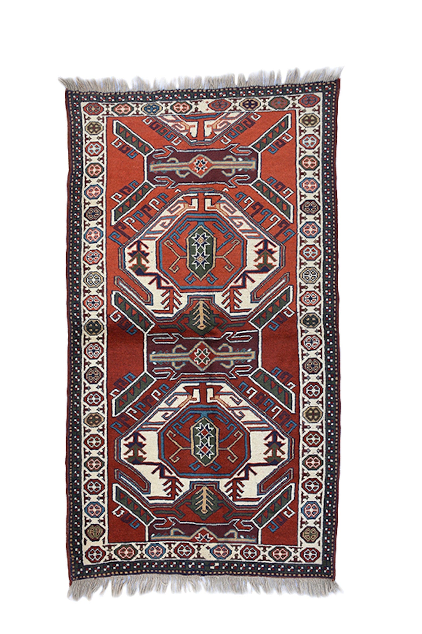 Vintage Tribal Handmade Rug | Red Geometric Rug | 3x6 ft | Area Rug | Wool Antique Accent Rug | Red Blue Beige Rug