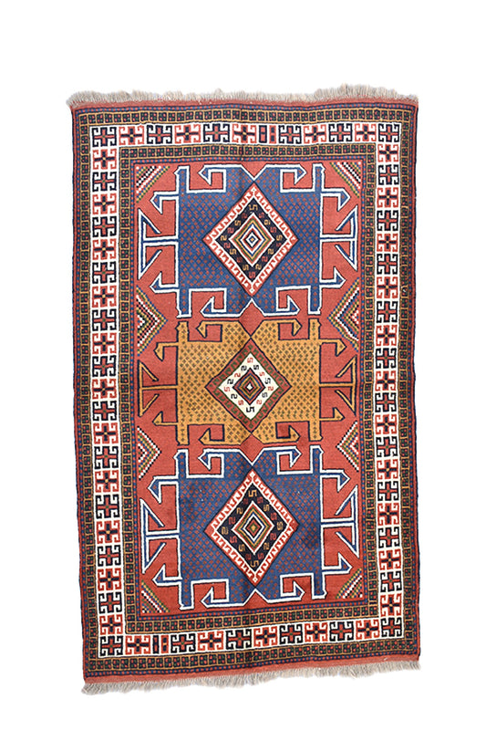 Tribal Vintage Rug | Bohemian Rug | Muticolor | 4 x 6 ft | Geometric Rug | Yellow Blue Red Rug | Kazak Rug | Wool Hand knotted rug