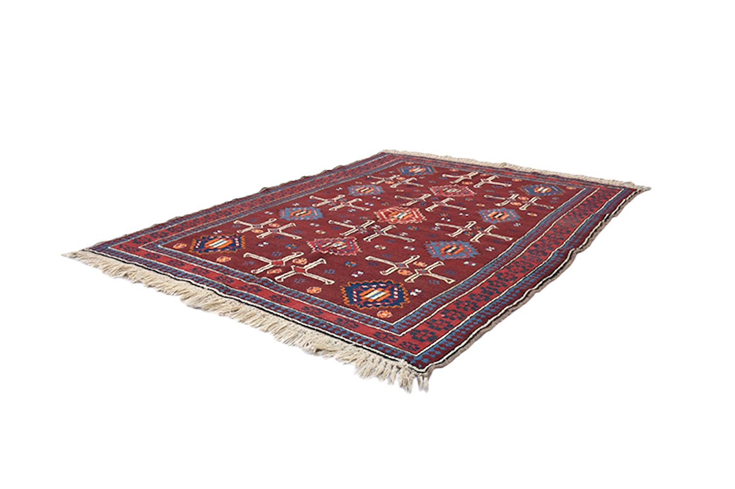 Antique Kazak Rug | Burgundy Red Blue Rug | 4 x 5 ft Rug | Geometric Tribal Rug | Wool Rug | Accent Rug | Handmade