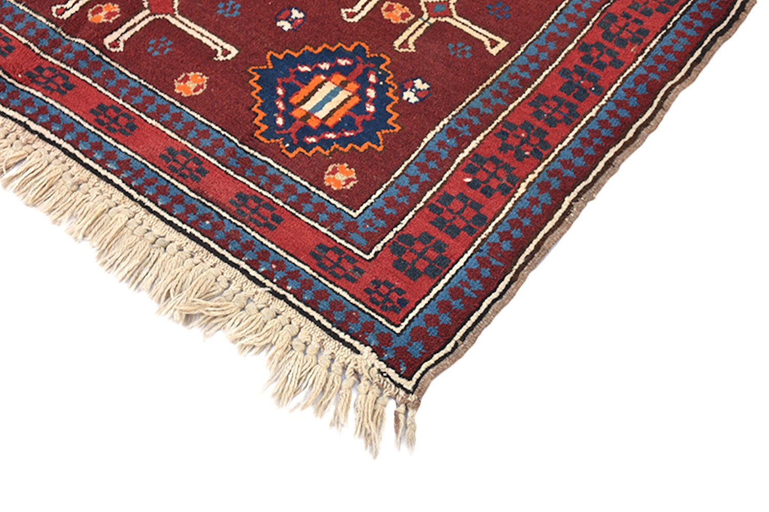 Antique Kazak Rug | Burgundy Red Blue Rug | 4 x 5 ft Rug | Geometric Tribal Rug | Wool Rug | Accent Rug | Handmade