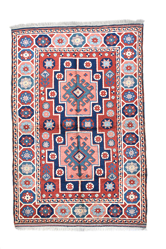 Blue Red Rug | Geometric Tribal Pattern | Nautical Style | 4 x 6 ft | Wool Kazak Rug | Handwoven Antique Rug