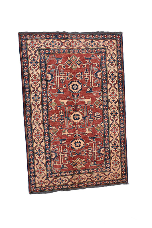 Red Rug Vintage | Hand Knotted Rug | 4 x 6 Area Rug | Pure Wool Rug | Red Blue Oriental Rug | Geometric Rug | Bordered Rug