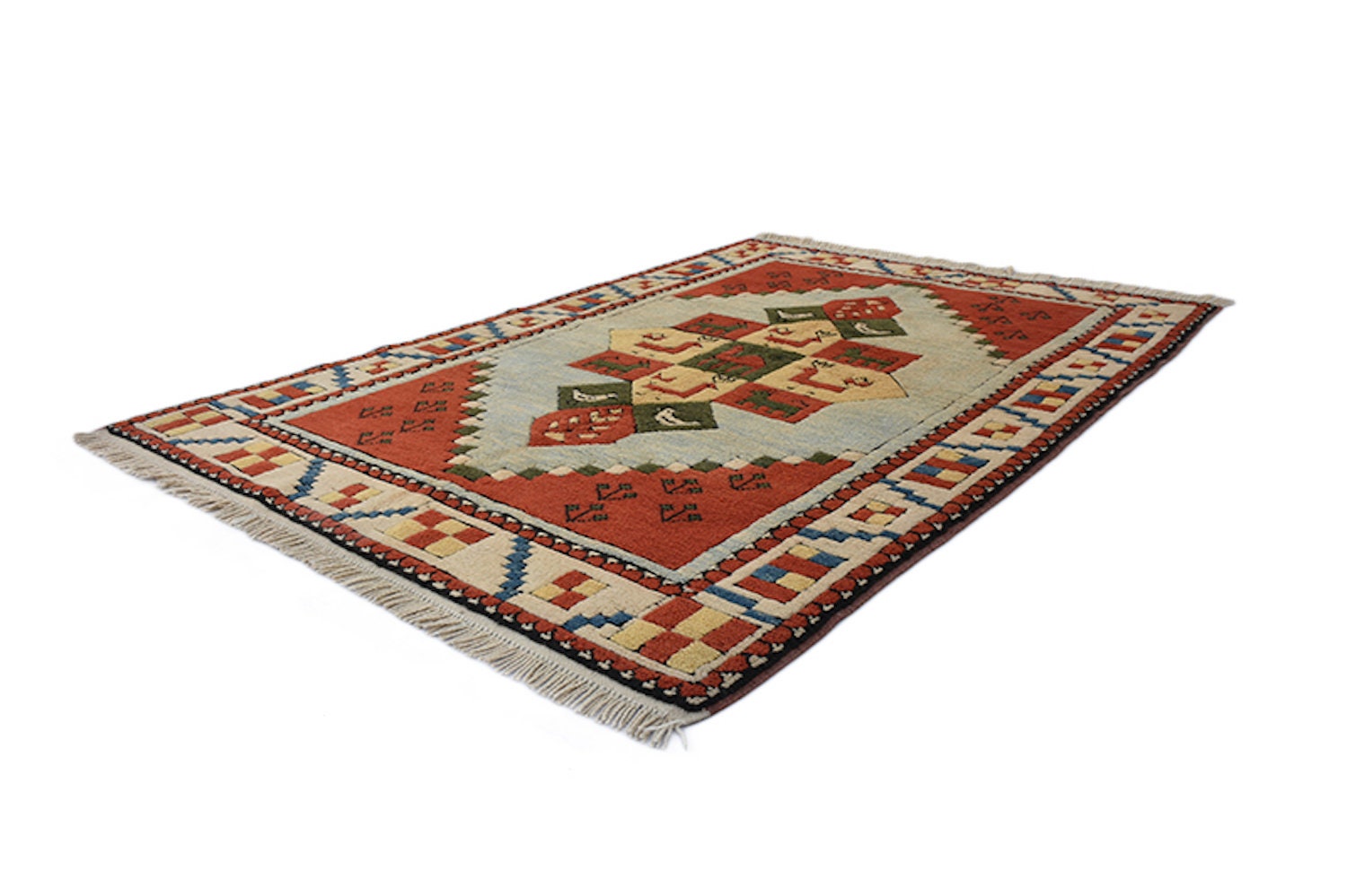 Light Blue Handmade Rug | Geometric Medallion Rug | Kazak Rug | 4x6 Rug | Wool Soft Pile | Multicolor