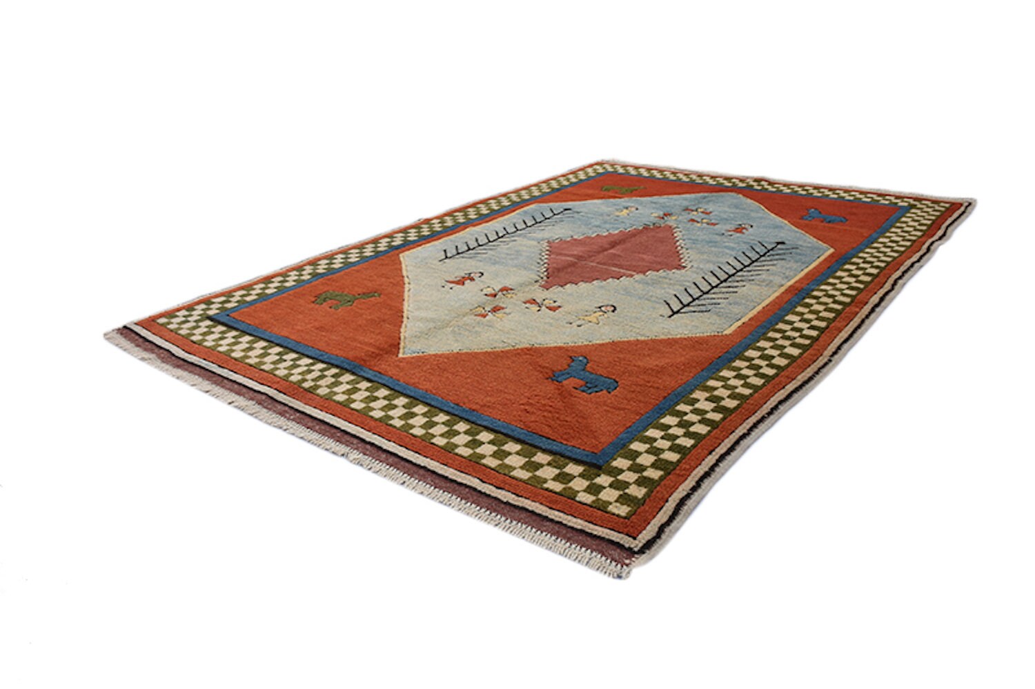 Tribal Handmade Rug | Kazak Vintage Rug | Geometric Nomadic Rug | Red Blue Rug | Medallion Wool Rug