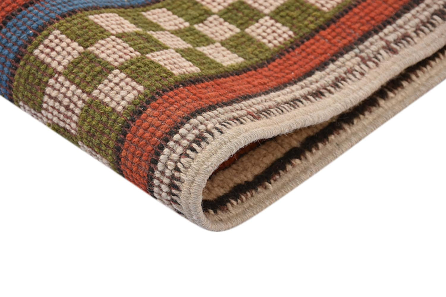 Tribal Handmade Rug | Kazak Vintage Rug | Geometric Nomadic Rug | Red Blue Rug | Medallion Wool Rug