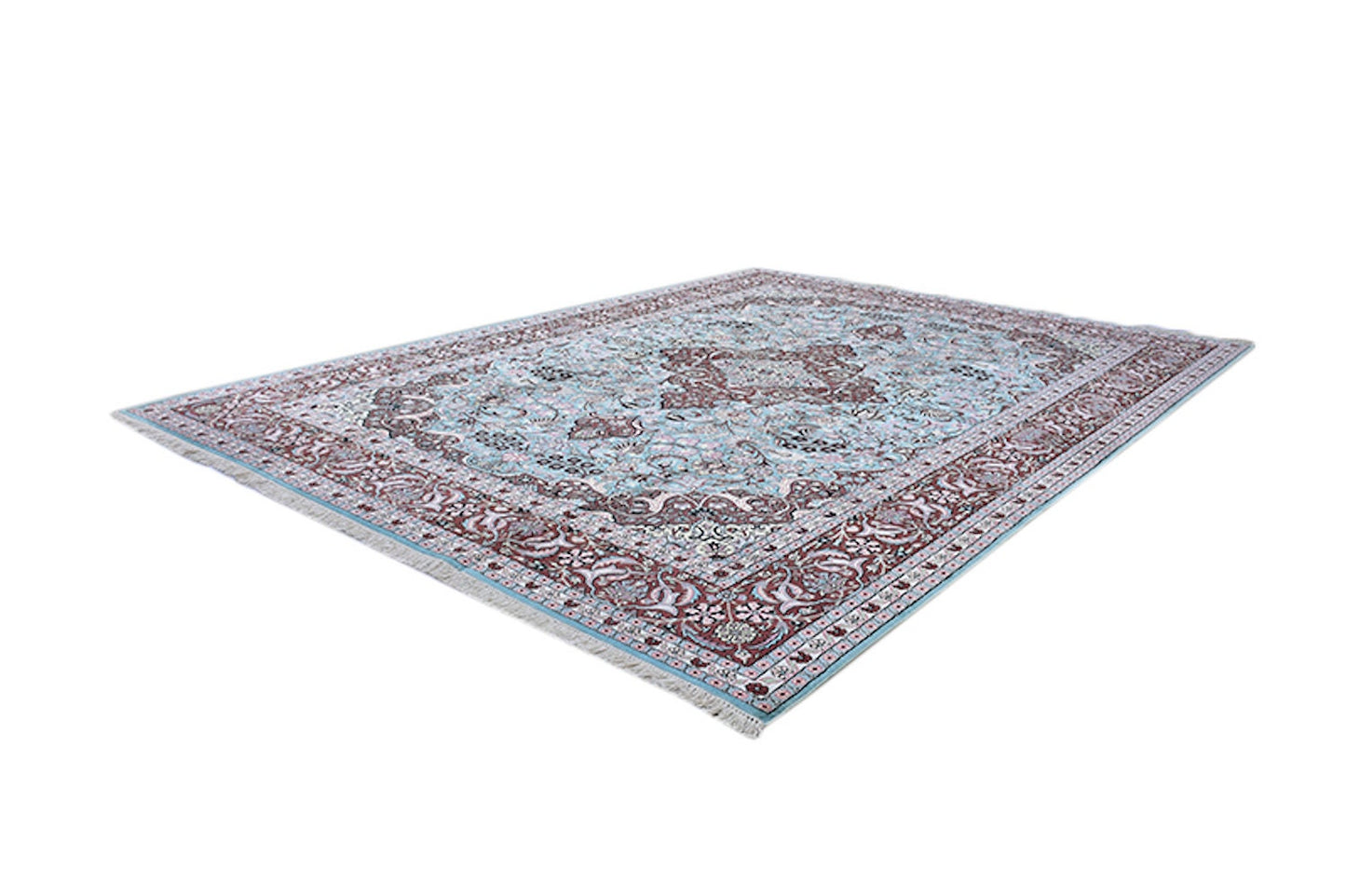 Pure Silk Handmade 9 x 12 ft Rug | Handwoven Area Large Persian Style Kashmiri Rug | Soft Pile | Light blue and Red Antique Rug