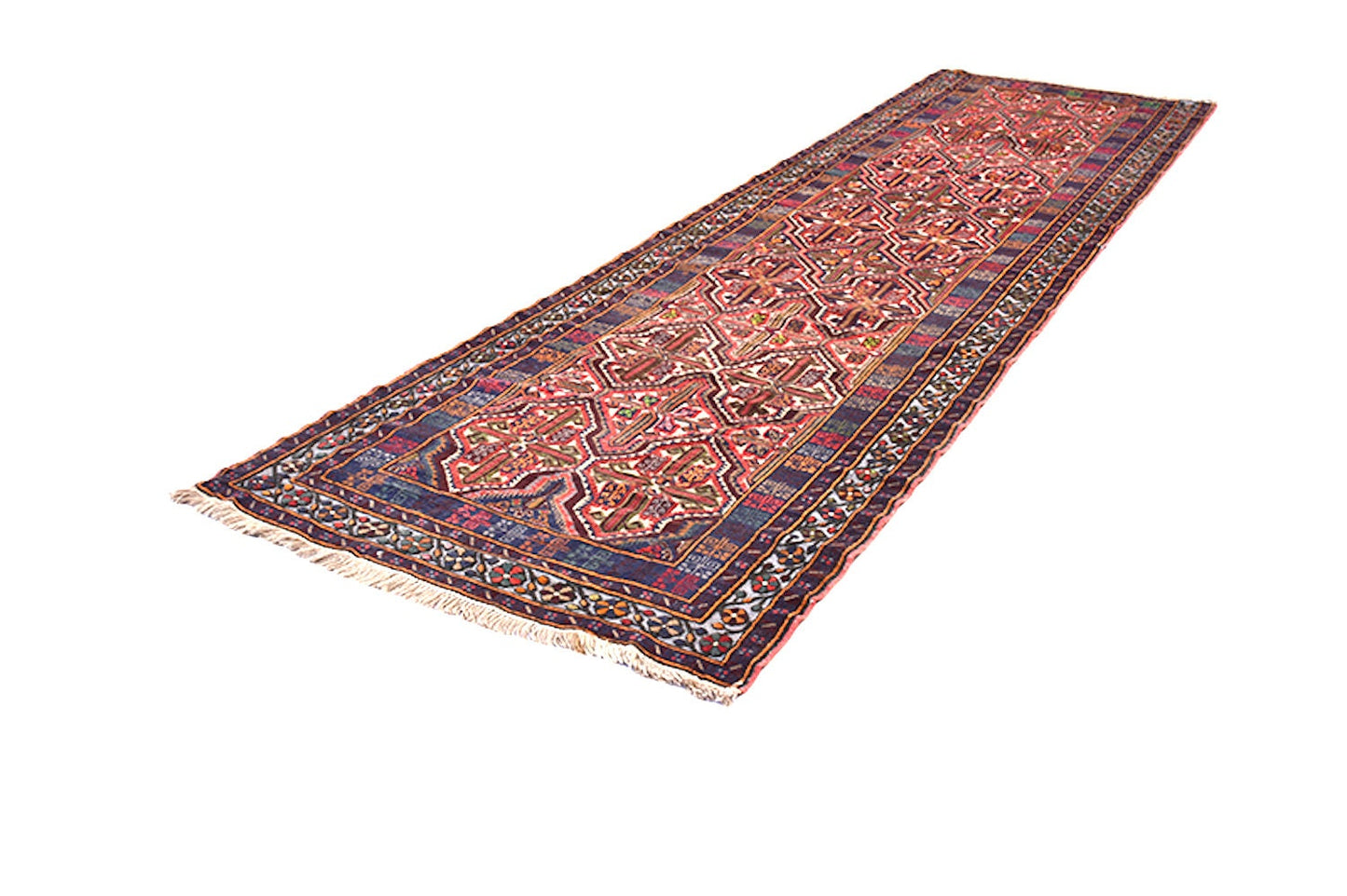 Hand Knotted Runner Rug | Afghan Persian Runner | 3 x 11 ft | Pink Blue Orange | Wool Antique Runner Rug | Long Runner