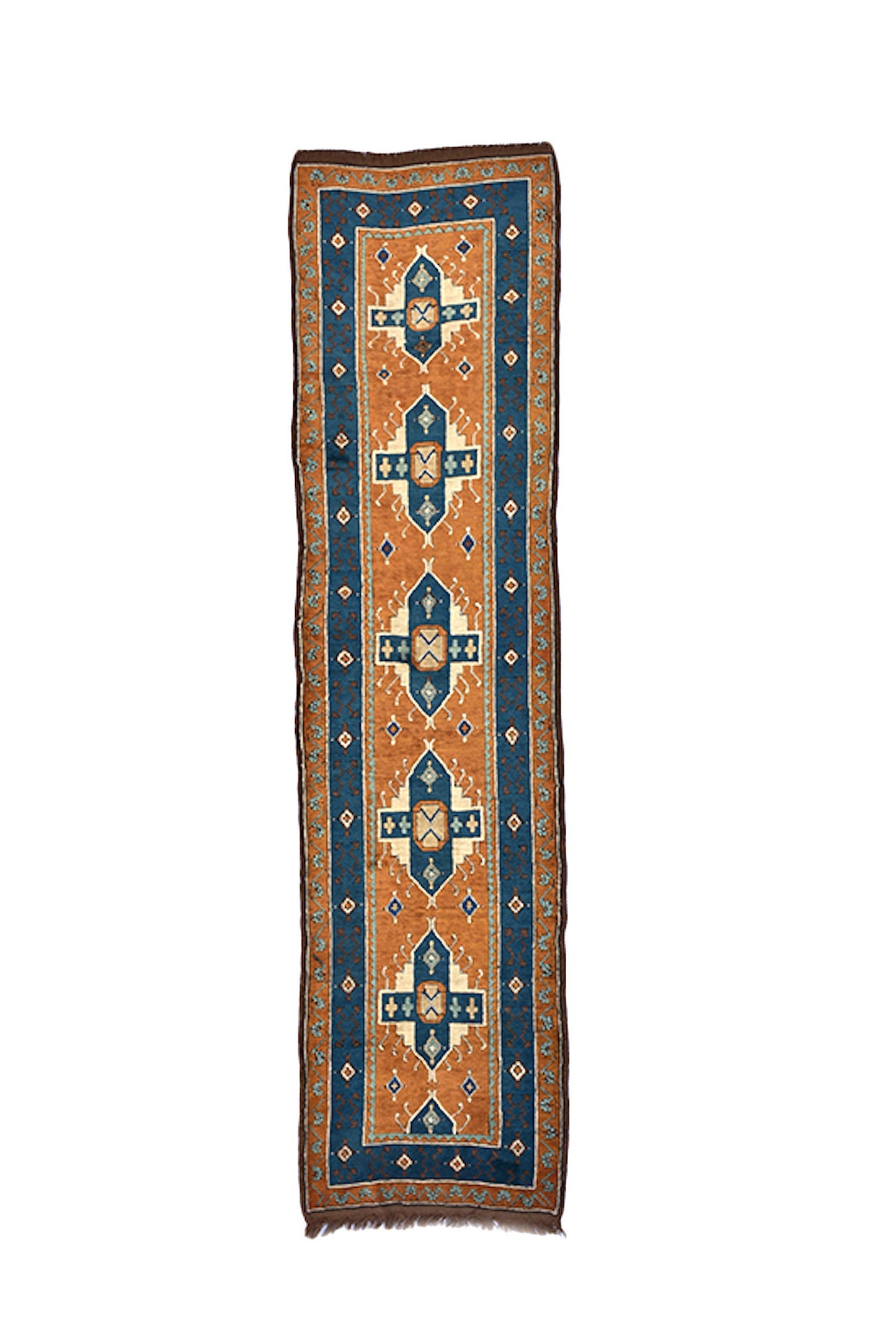 Blue Brown Vintage Runner Rug | Turkish Kazak Runner | 3 x 11 ft Runner | Geometric Tribal Style | Hand Knotted Wool Long Runner Rug