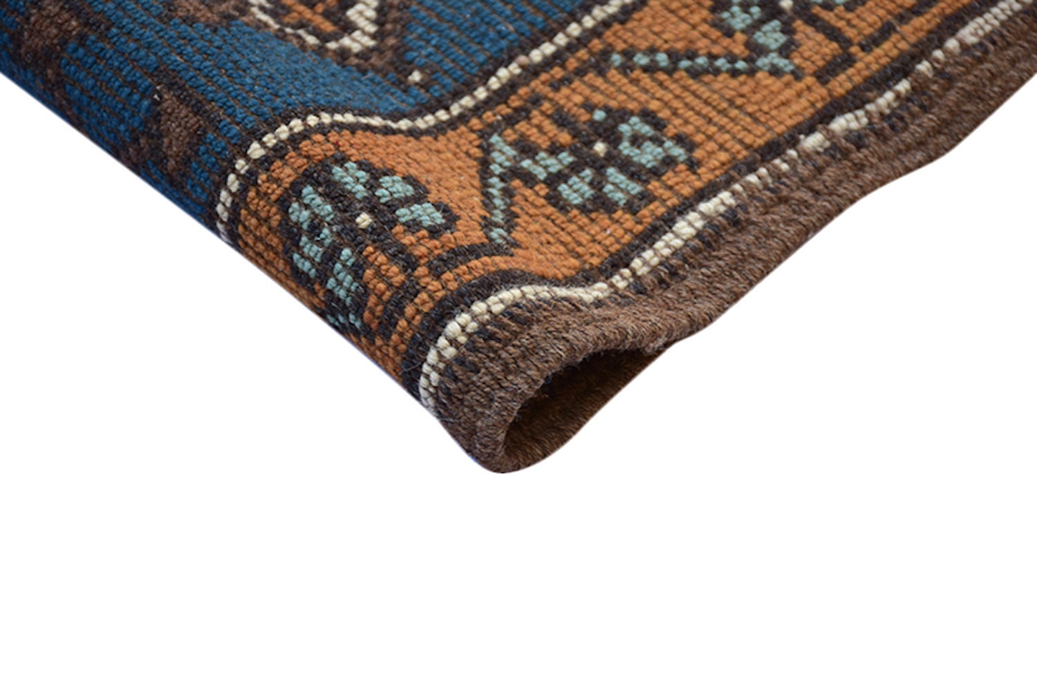 Blue Brown Vintage Runner Rug | Turkish Kazak Runner | 3 x 11 ft Runner | Geometric Tribal Style | Hand Knotted Wool Long Runner Rug
