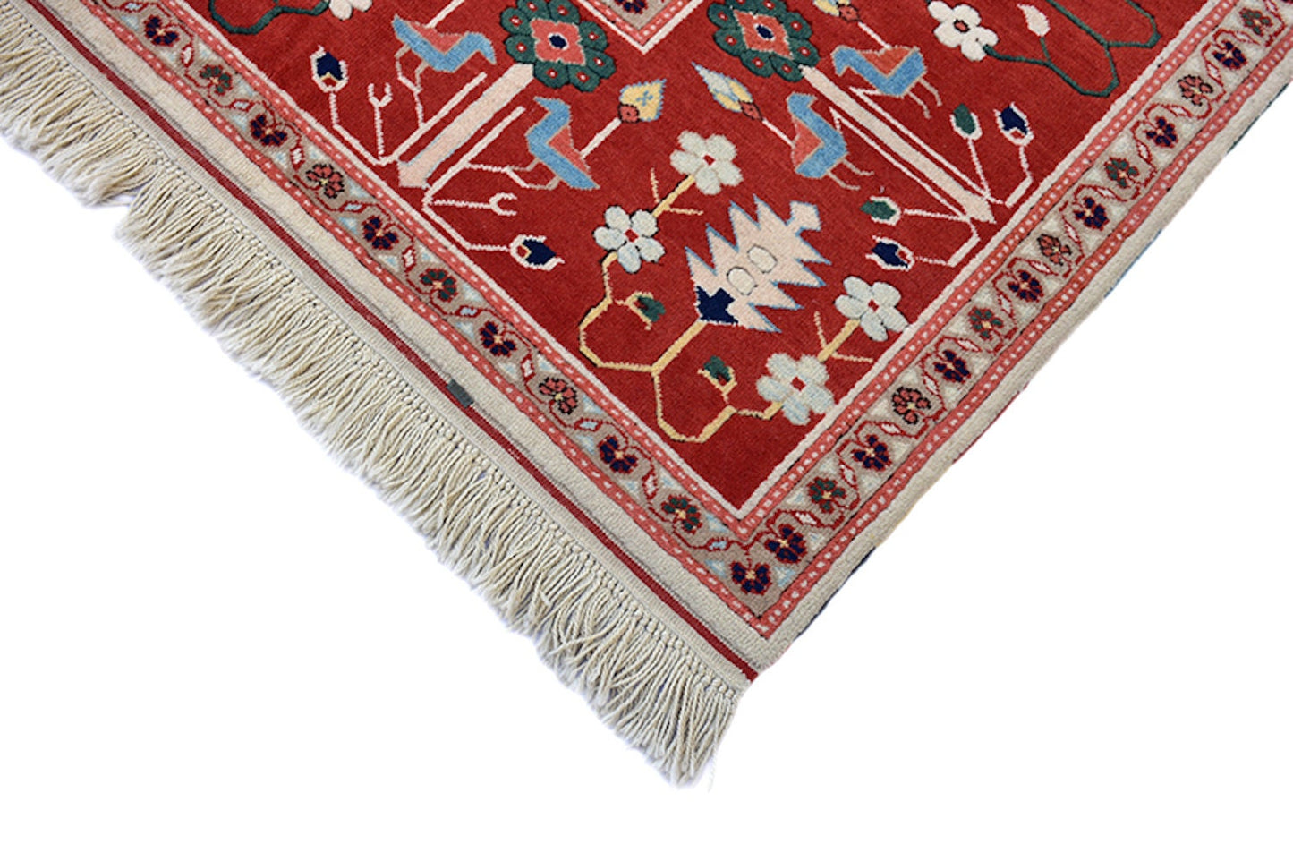 Turkish 9x11 Large Kazak Vintage Rug | Blue Green with Bright Red Border | Antique Oriental Rug | Tribal Geometric Living Room Rug