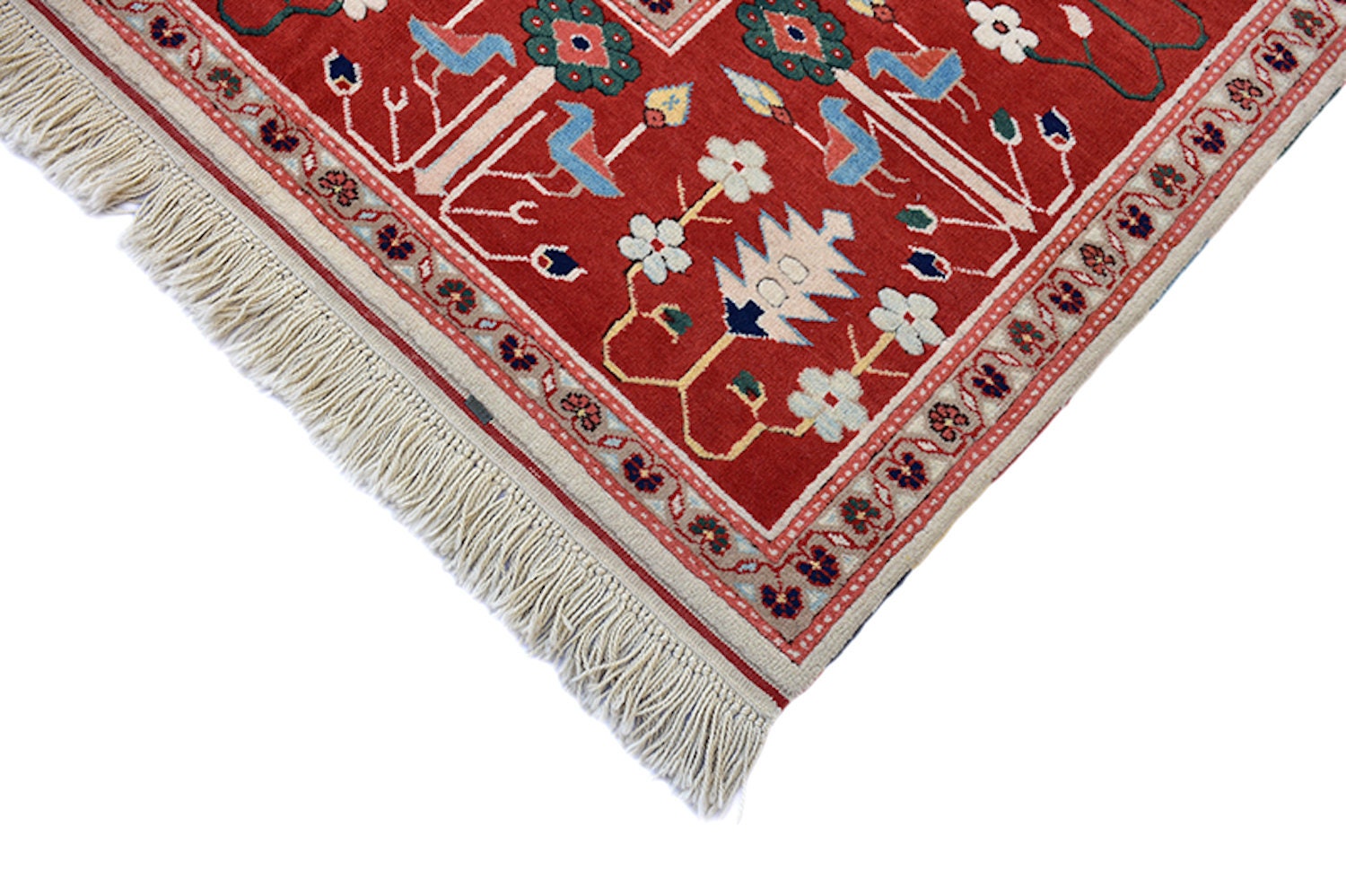 Turkish 9x11 Large Kazak Vintage Rug | Blue Green with Bright Red Border | Antique Oriental Rug | Tribal Geometric Living Room Rug