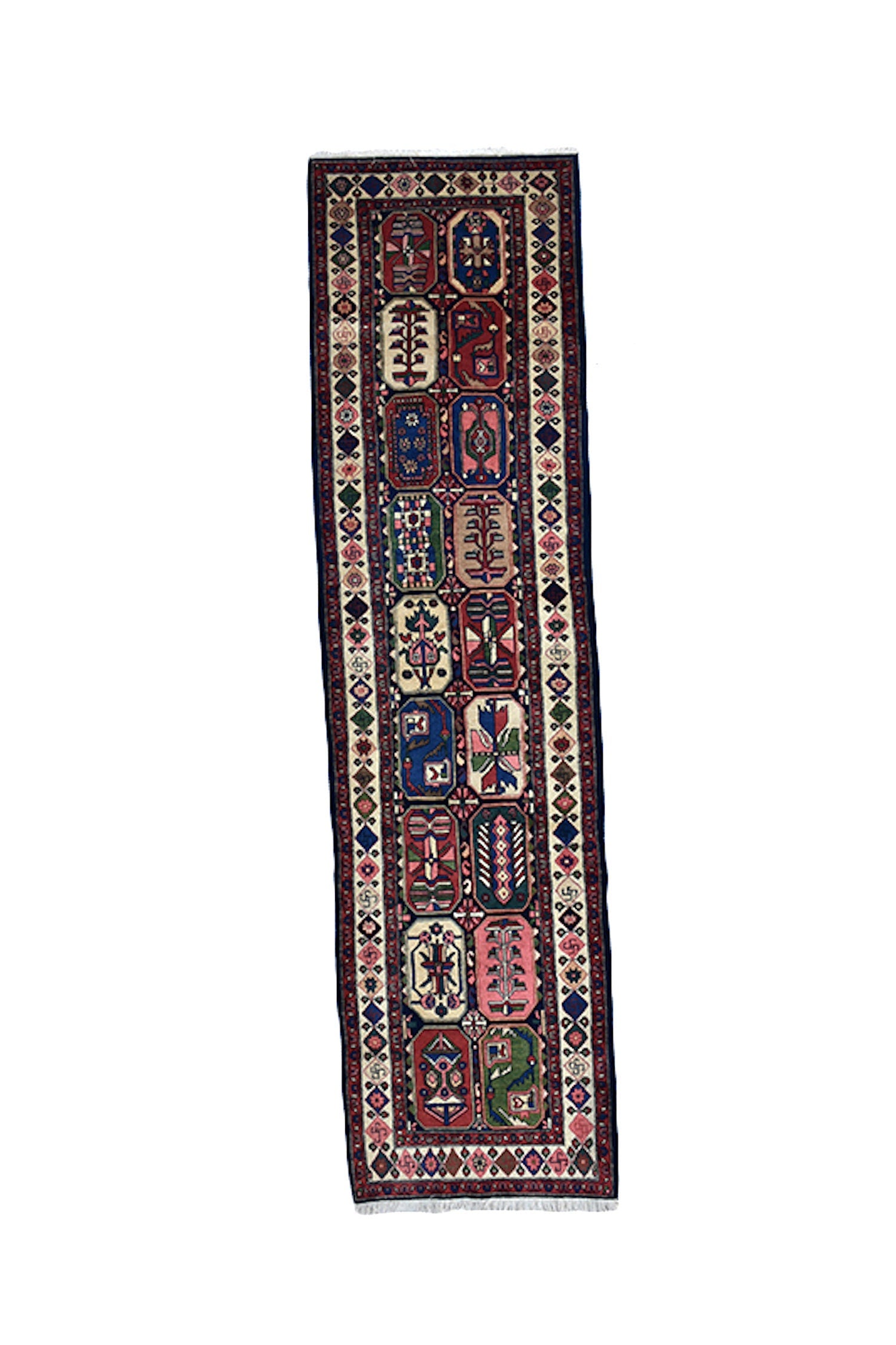 Blue Pink Runner Rug | Colorful Hallway Rug | Persian Caucasian Runner Rug | 3 x 11 ft | Multicolor Tribal Pattern | Wool Hand Knotted Rug