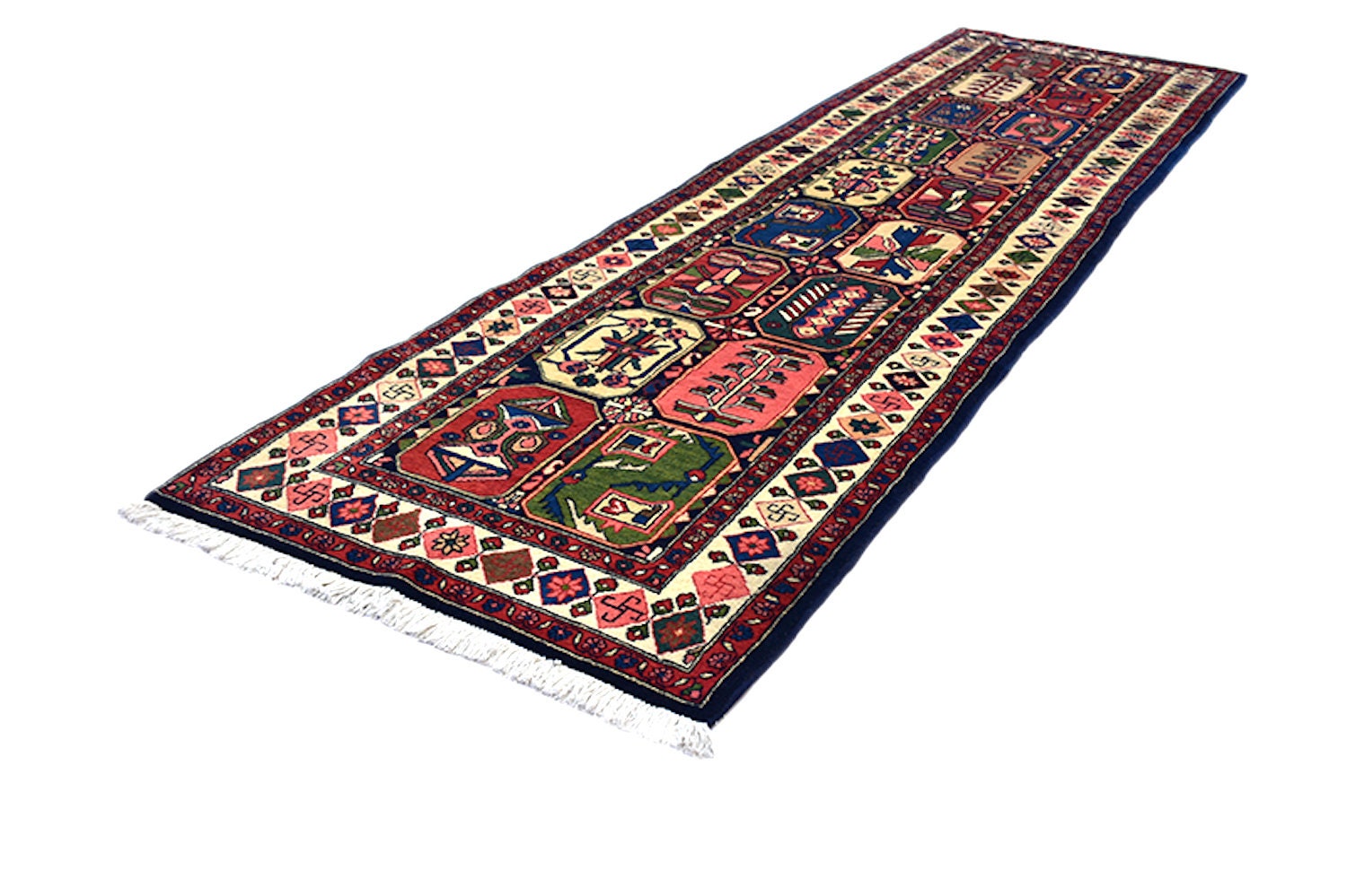 Blue Pink Runner Rug | Colorful Hallway Rug | Persian Caucasian Runner Rug | 3 x 11 ft | Multicolor Tribal Pattern | Wool Hand Knotted Rug