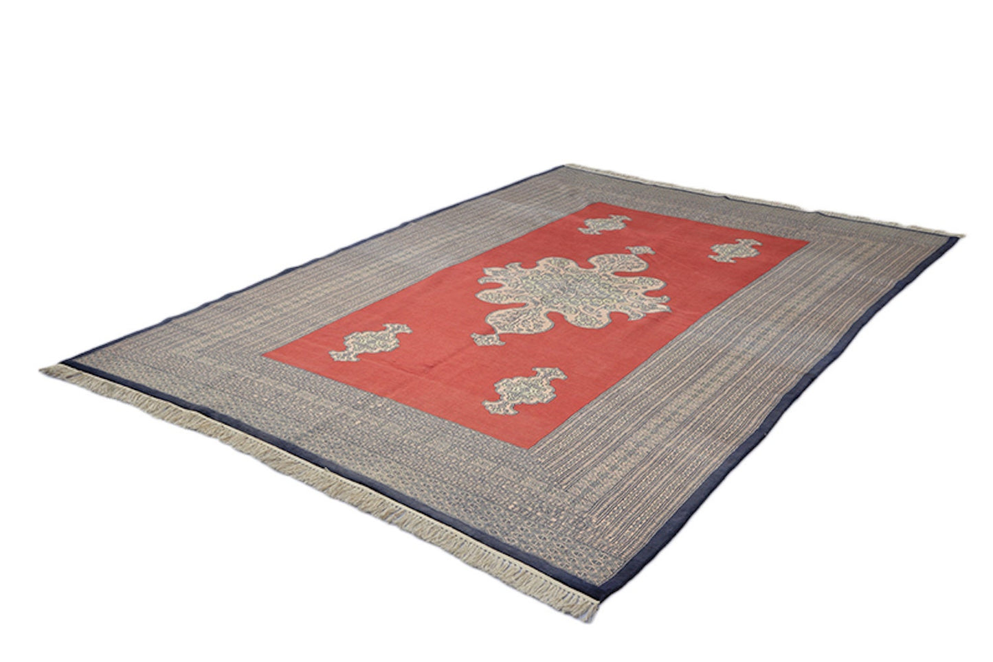 Navy Bordered 6x9 Silk Rug, Oriental Kashmiri Rug, Antique Traditional Central Medallion Area Rug, Red Accent Home Decor