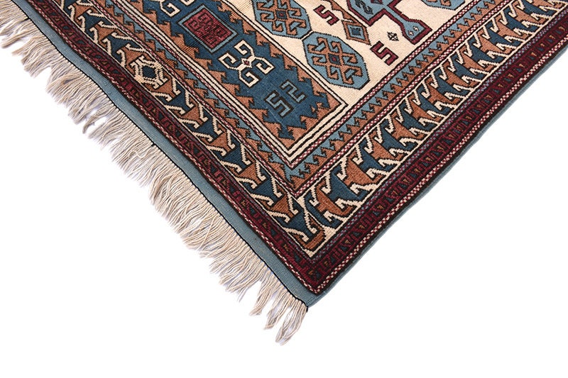 Blue Beige Oriental Aztec Design Rug | 3 x 6 Hand Knotted Wool