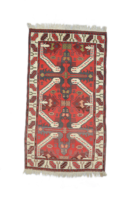 Red Orange Kazak 3x6  Vintage Area Rug | Tribal Geometric Pattern | Ikat Style Wool Rug | Hand Woven One of a Kind Rug