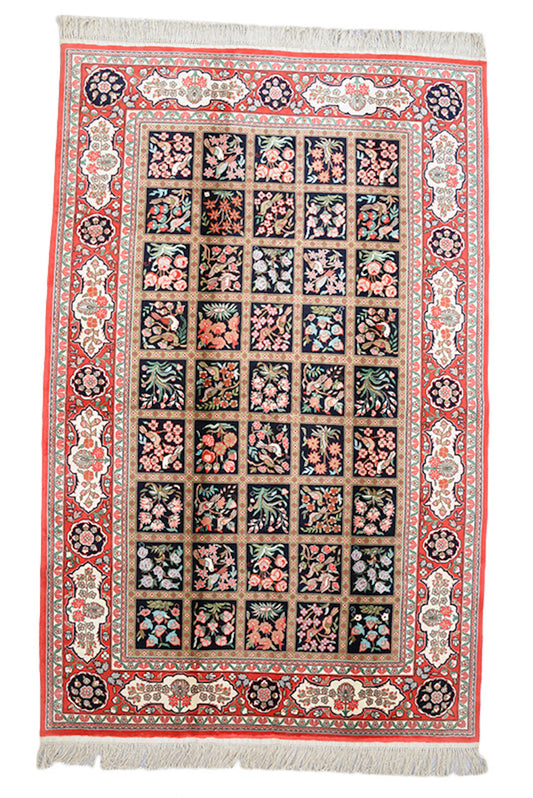 Silk Oriental 5 x 8 Turkish Antique Rug, Red Pink And Black Rug, Floral Traditional Design, Hand knotted with Dyed Silk, One of a Kind