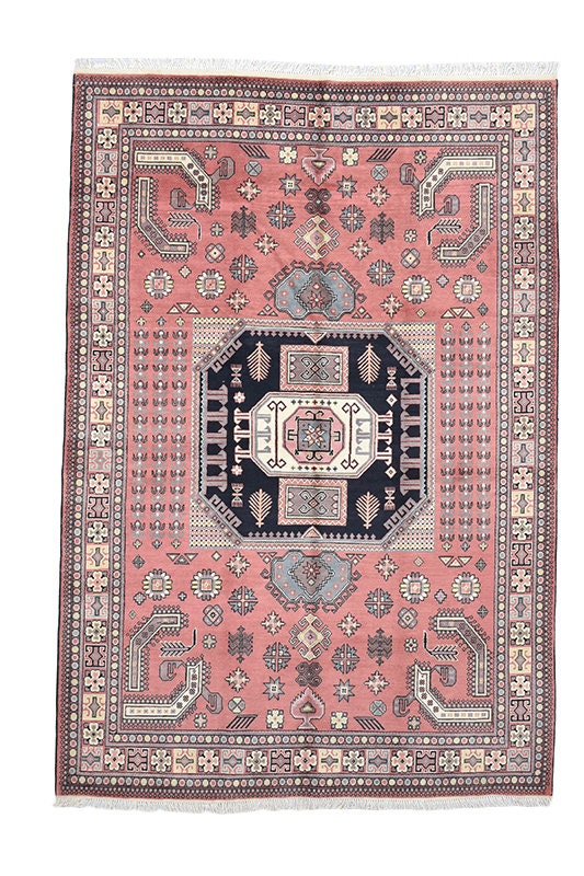 Vintage Pink 7x10 Rug Tribal Rug | Pink Black White Rug | Nomadic Boho Rug | Eclectic Rug | Wool Handwoven Rug