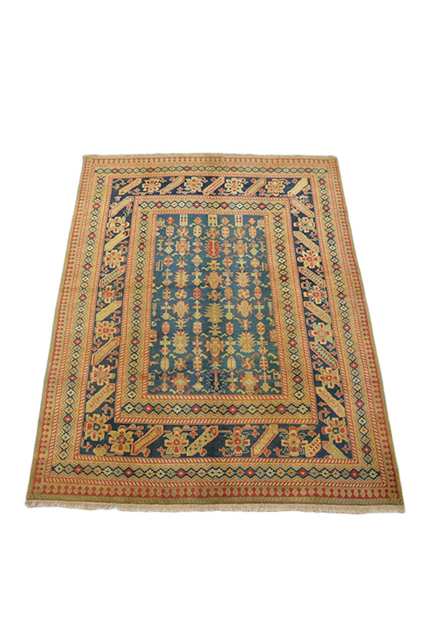 Yellow Teal Vintage 8x11 Tribal Rug, Large Turkish Kazak Rug, Wool Antique Hand Woven, Living Room Rug