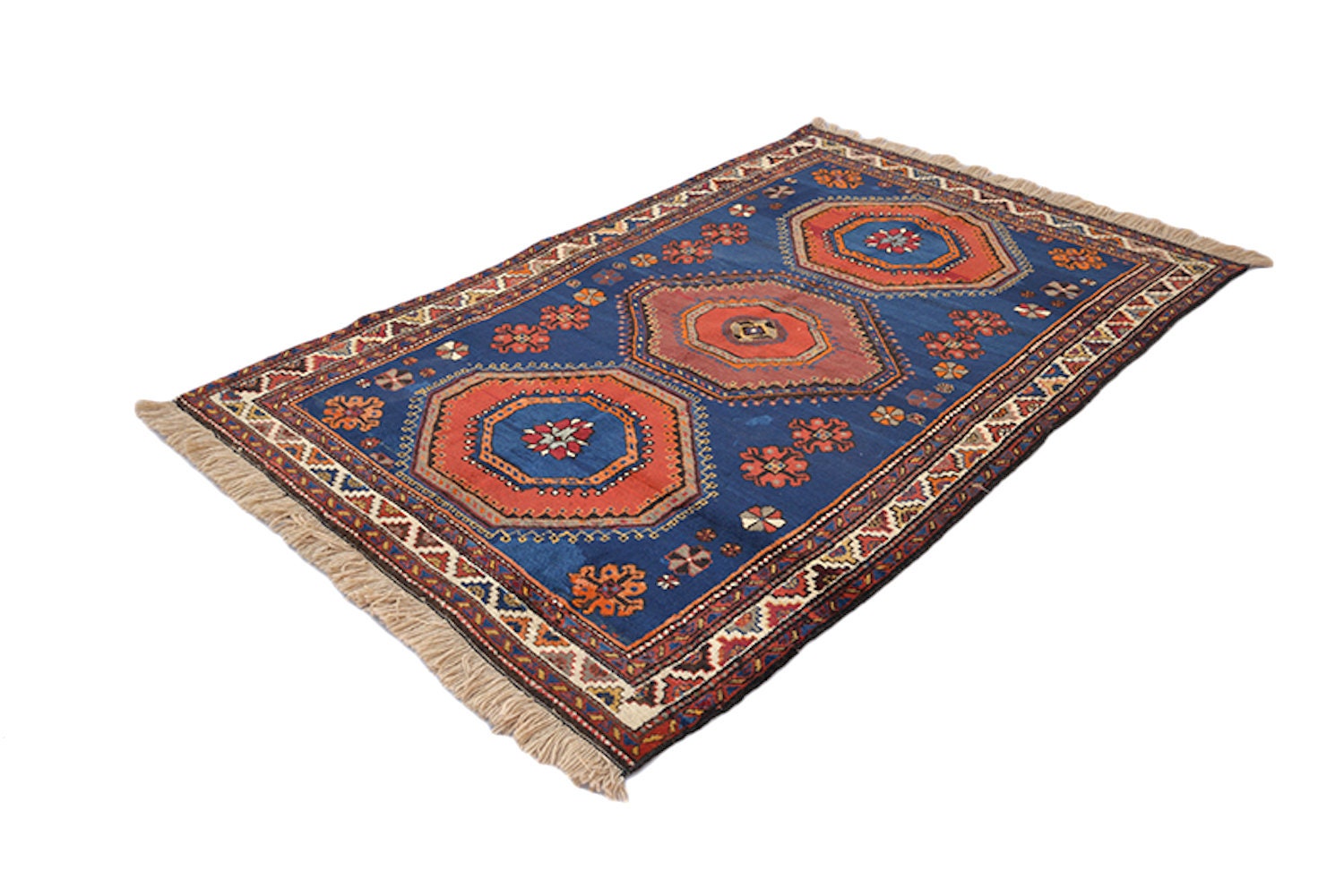 Bright Orange Blue Tribal Rug | Boho Eclectic Rug | 4 x 6 Feet | Kazak Antique Handmade Carpet | Vibrant Colorful