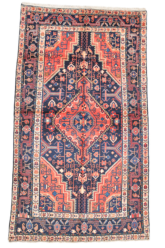 Oriental Handmade Rug | Orange Coral & Blue | 4 x 7 Feet | Geometric Tribal Floral Rug | Accent Rug | Handwoven Wool Rectangle Rug