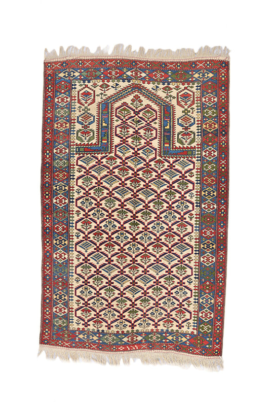 Beige Tribal Rustic Rug | Kazak Area Rug | 3 x 5 Rug | Beige Blue Red Rug | Geometric Rug | Oriental Wool Antique Rug