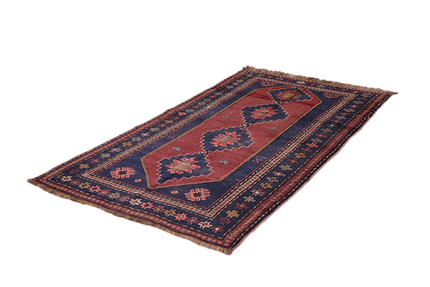 7.1 x 3.9 Feet | Navy Red Tribal Rug | Vintage Geometric Rug | Bright Coral Accents | Handwoven Wool Rug | Afghan Runner Rug