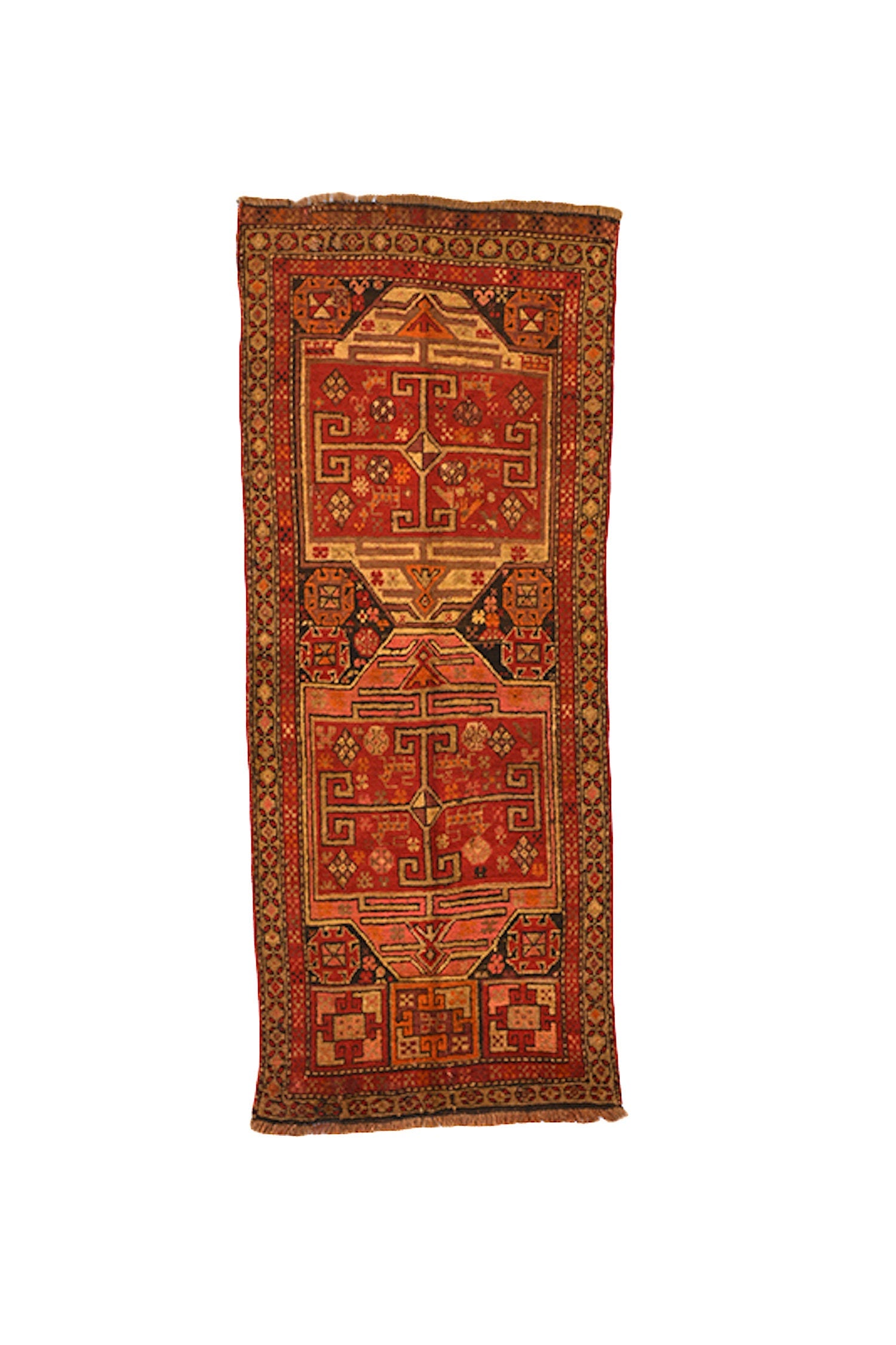 Long Antique 3x7 Runner Rug | Red Yellow  Bohemian Rug | Vintage Tribal Rug | Wool Handmade Rug | Antique Oriental Rug