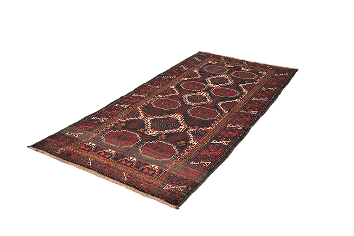 Vintage Rug 4 x 9 Dark Runner | Red Brown Hallway Runner Rug | Geometric Tribal | Wool Nomadic Hand Knotted Rug | Antique Afghan Rug