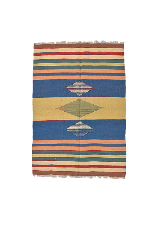 Turkish Kilim Rug | Multi Color Striped Handmade Rug | Tribal Boho Southwestern Wool Rug