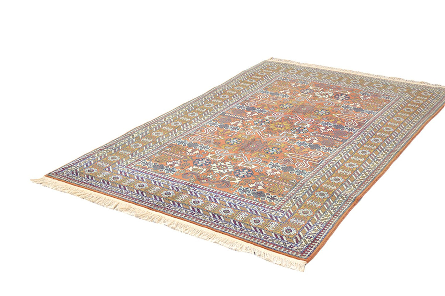 Light Orange Persian Rug | Yellow Mustard Color Tribal Geometric Motifs | Green Blue Highlights | 4 x 7 Feet | Rustic Style Rug