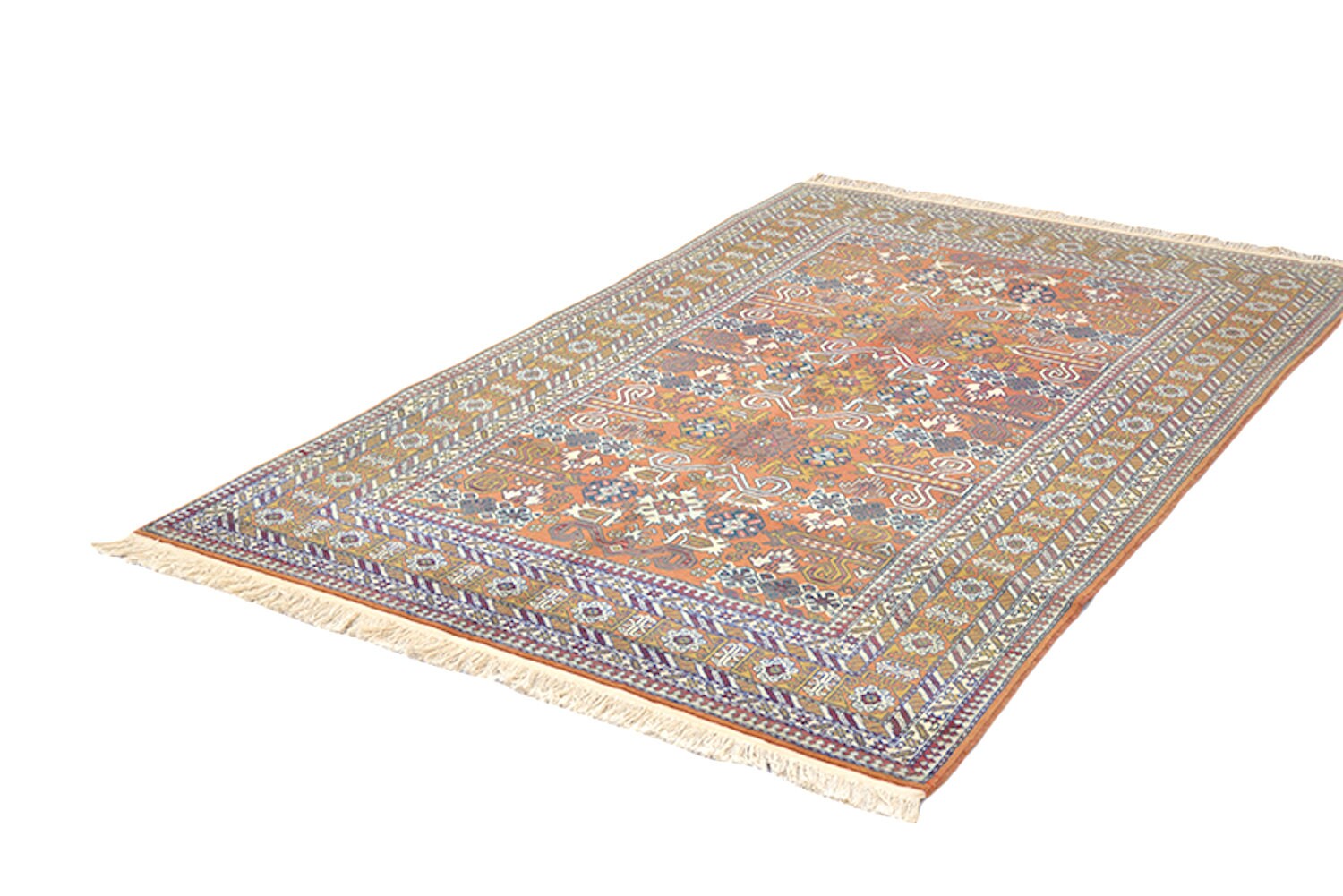 Light Orange Persian Rug | Yellow Mustard Color Tribal Geometric Motifs | Green Blue Highlights | 4 x 7 Feet | Rustic Style Rug