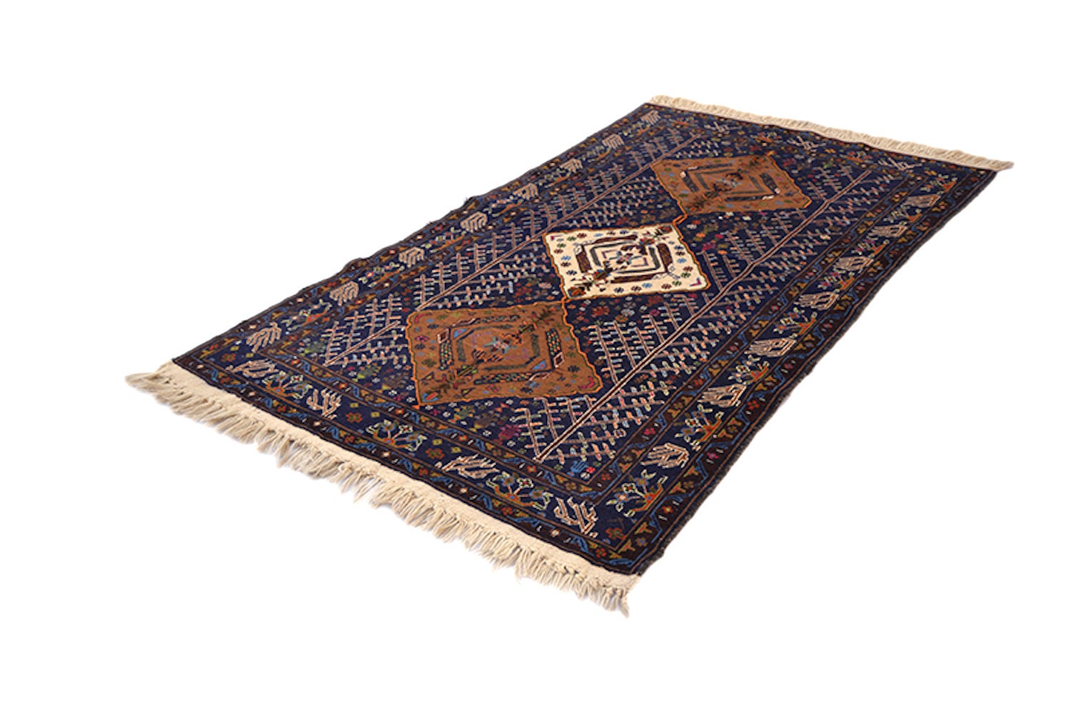 6.2 x 3.6 Ft | Blue Tribal Rug | Brown Beige Medallion Rug | Vintage Rug | Rustic Geometric Rug | Oriental Wool Hand Knotted Rug