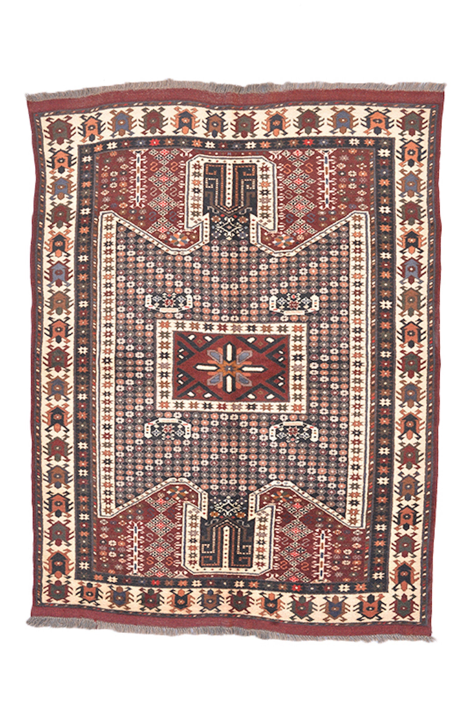 Vintage Area Rug | Red Brown Rug | 4 x 6 Ft | Geometric Tribal | Rustic Dark Toned Rug | Wool Antique Rug