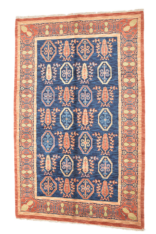 Vintage Orange 5x8 Blue Rug | Tribal Multi Color Medallion Rug | Hand Knotted Geometric Floor Accent Oriental Rug