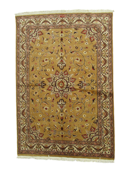 4x6 Rug | Gold Oriental Rug | Handmade Area Rug | Neutral Tone Rug | Antique Wool Rug | Gold Silk Rug | Medallion Rug | Gold Accent Rug