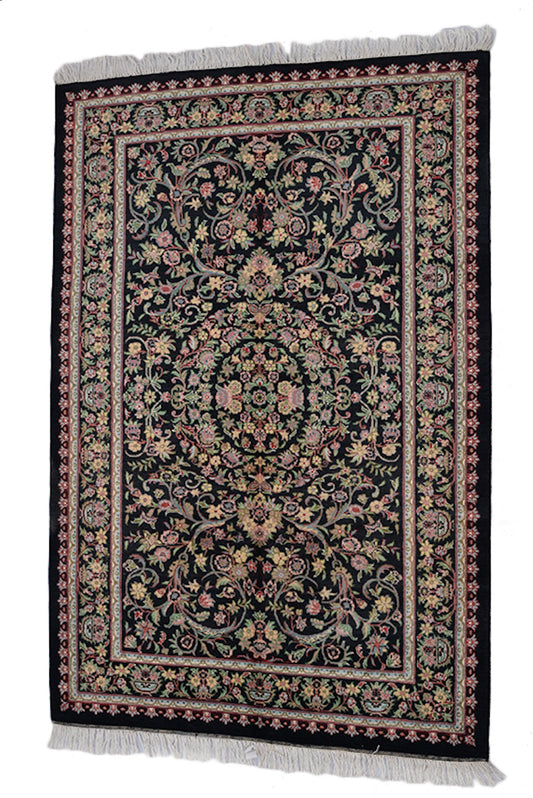 Black Oriental Rug | 4 x 6 Rug | Floral Rug | Hand Knotted Rug | Medallion Rug | Black and Beige Rug