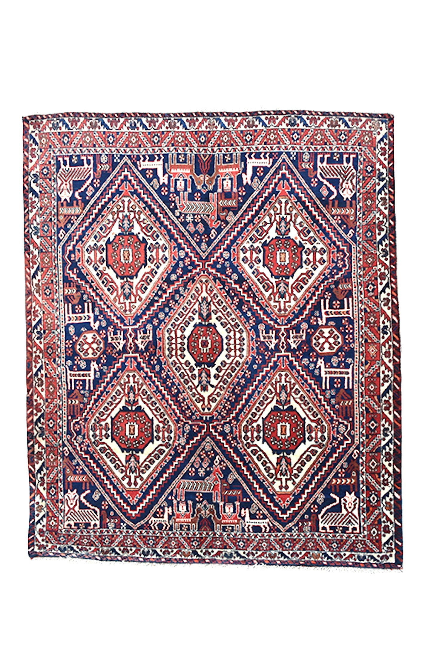 Navy Vintage Rug | Geometric Tribal Rug | Red and Blue Hand Knotted Rug | 4 x 6 Area Rug | Bohemian Decor | Wool Authentic Rug