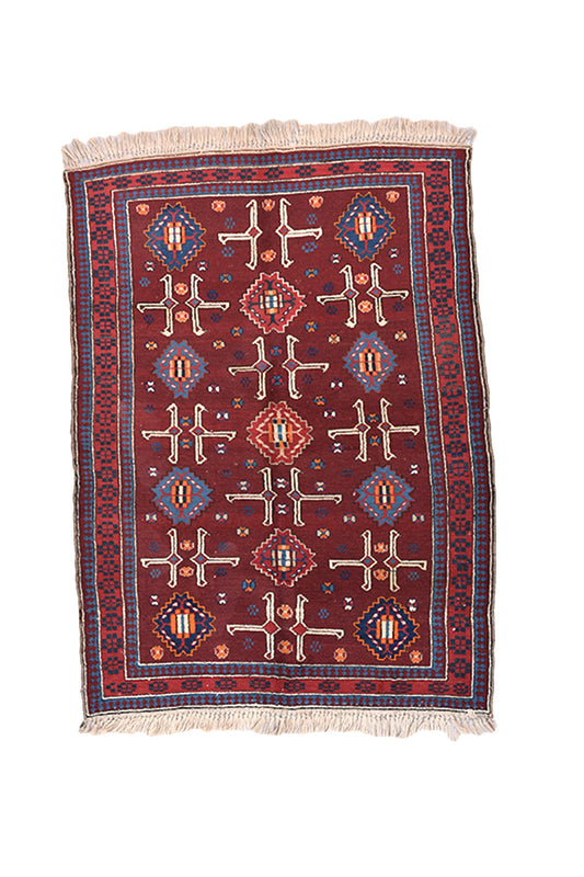 Antique Kazak Rug | Burgundy Red Blue Rug | 4 x 5 ft Rug | Geometric Tribal Rug | Wool Rug | Accent Rug | Handmade