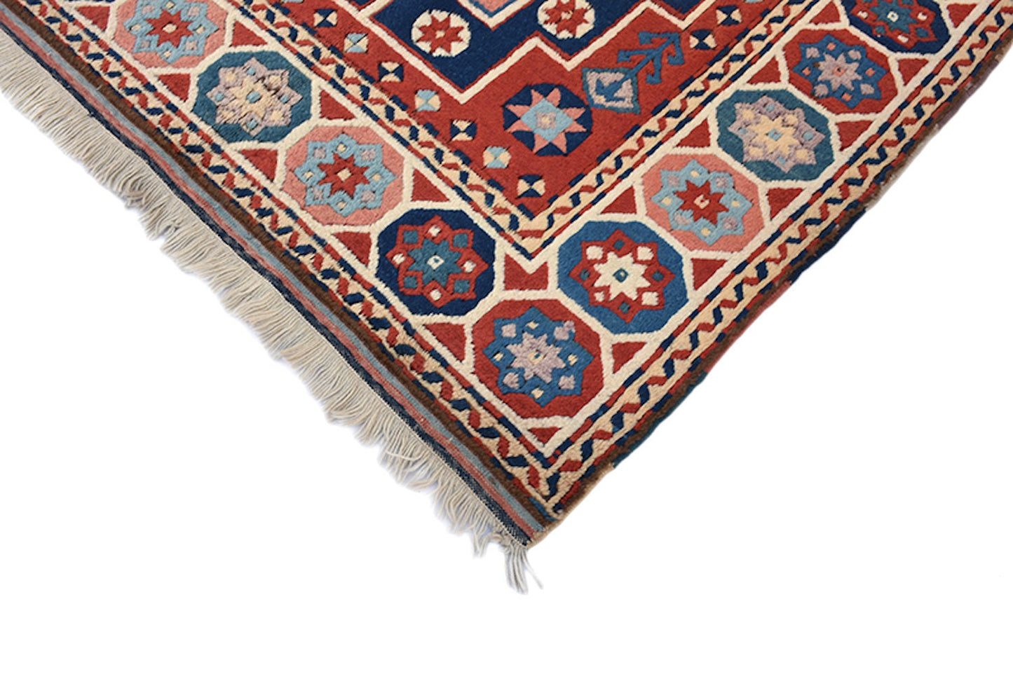 Blue Red Rug | Geometric Tribal Pattern | Nautical Style | 4 x 6 ft | Wool Kazak Rug | Handwoven Antique Rug
