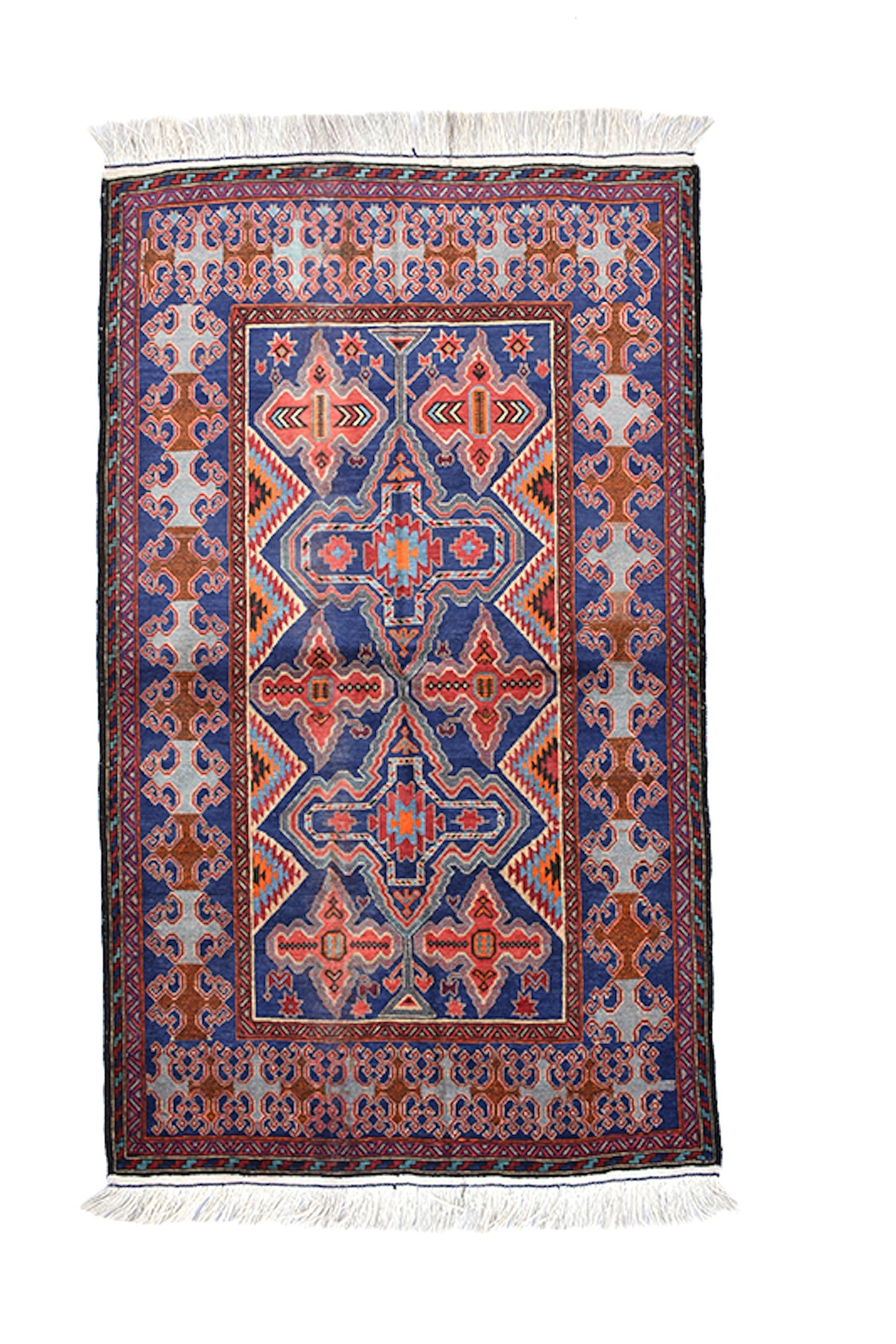 Blue Red Rug | Vintage Area Rug | Tribal Geometric | 4x6 Feet Rug | Wool Handmade Antique Rug | Oriental Style