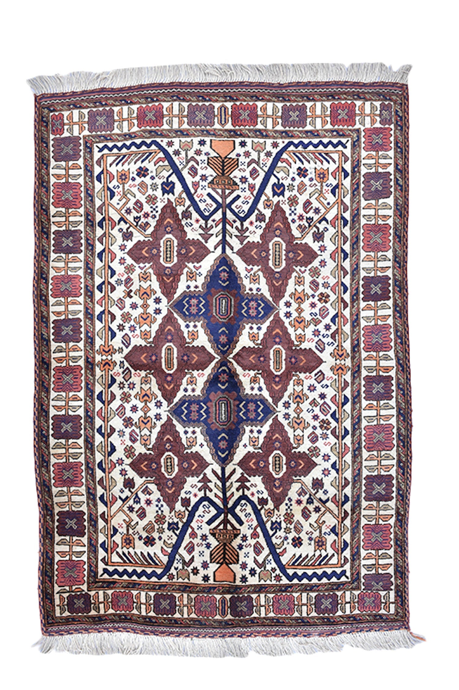 White Hand Knotted 4x6 Rug with Blue and Red Geometric Patterns | Antique Persian Turkish Wool Rectangle Rug