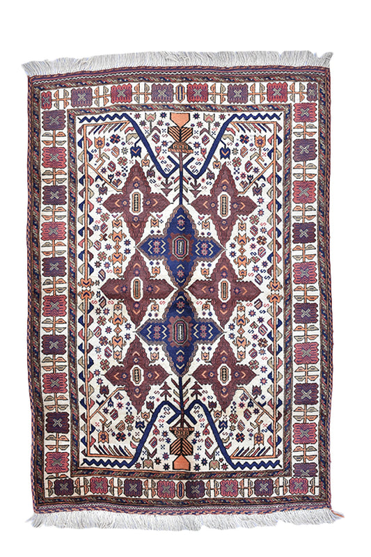 White Hand Knotted 4x6 Rug with Blue and Red Geometric Patterns | Antique Persian Turkish Wool Rectangle Rug