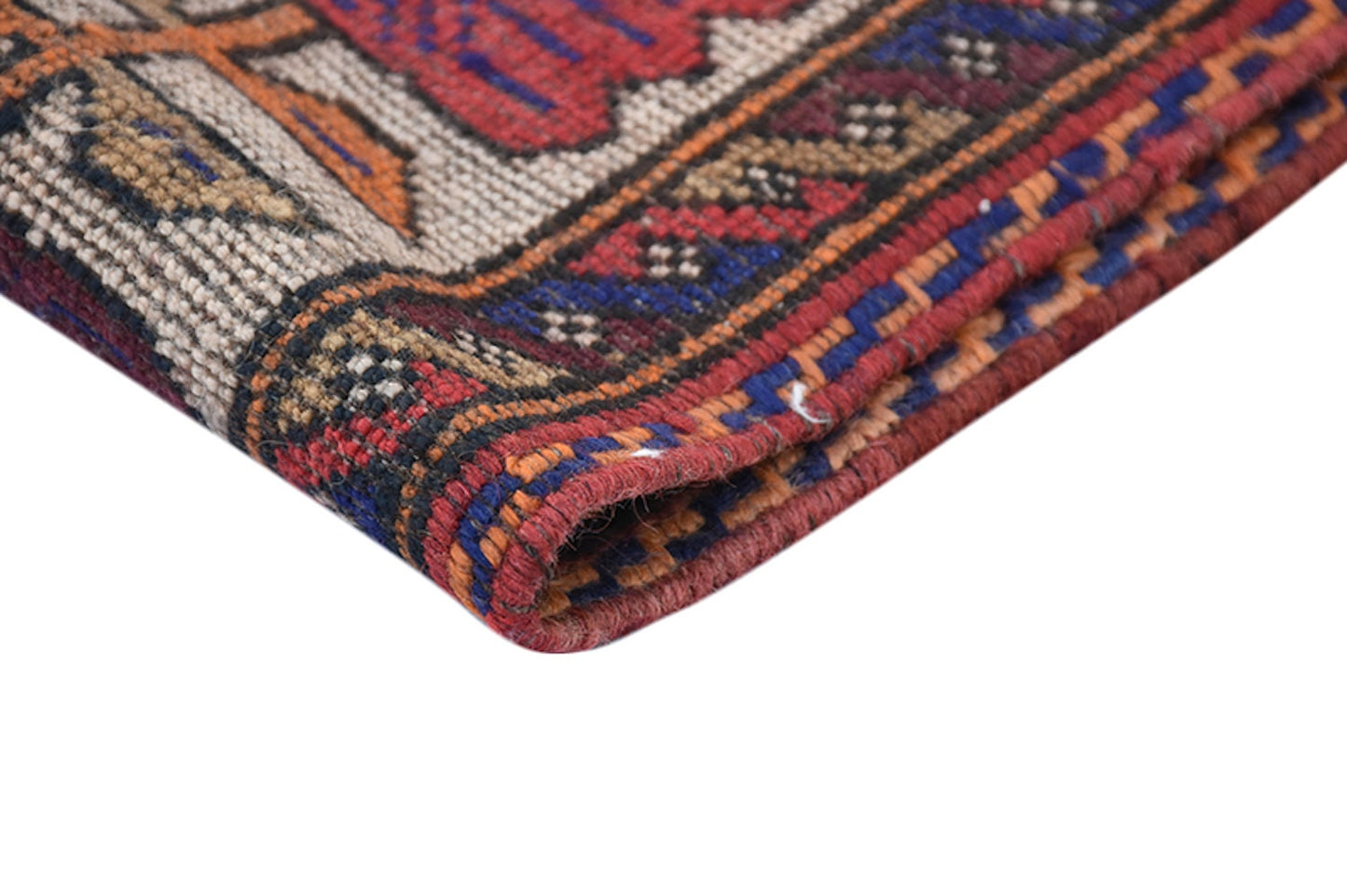 White Hand Knotted 4x6 Rug with Blue and Red Geometric Patterns | Antique Persian Turkish Wool Rectangle Rug