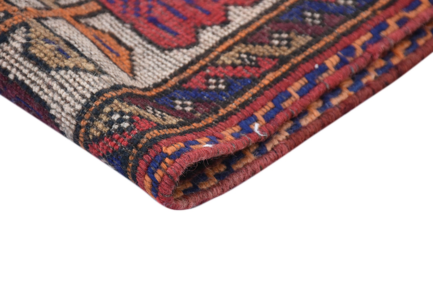 White Hand Knotted 4x6 Rug with Blue and Red Geometric Patterns | Antique Persian Turkish Wool Rectangle Rug
