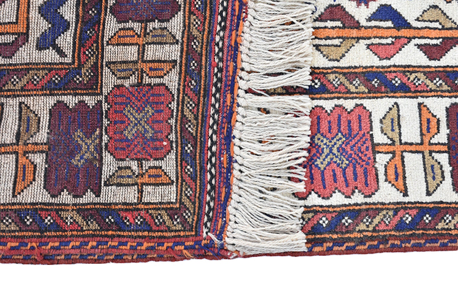 White Hand Knotted 4x6 Rug with Blue and Red Geometric Patterns | Antique Persian Turkish Wool Rectangle Rug