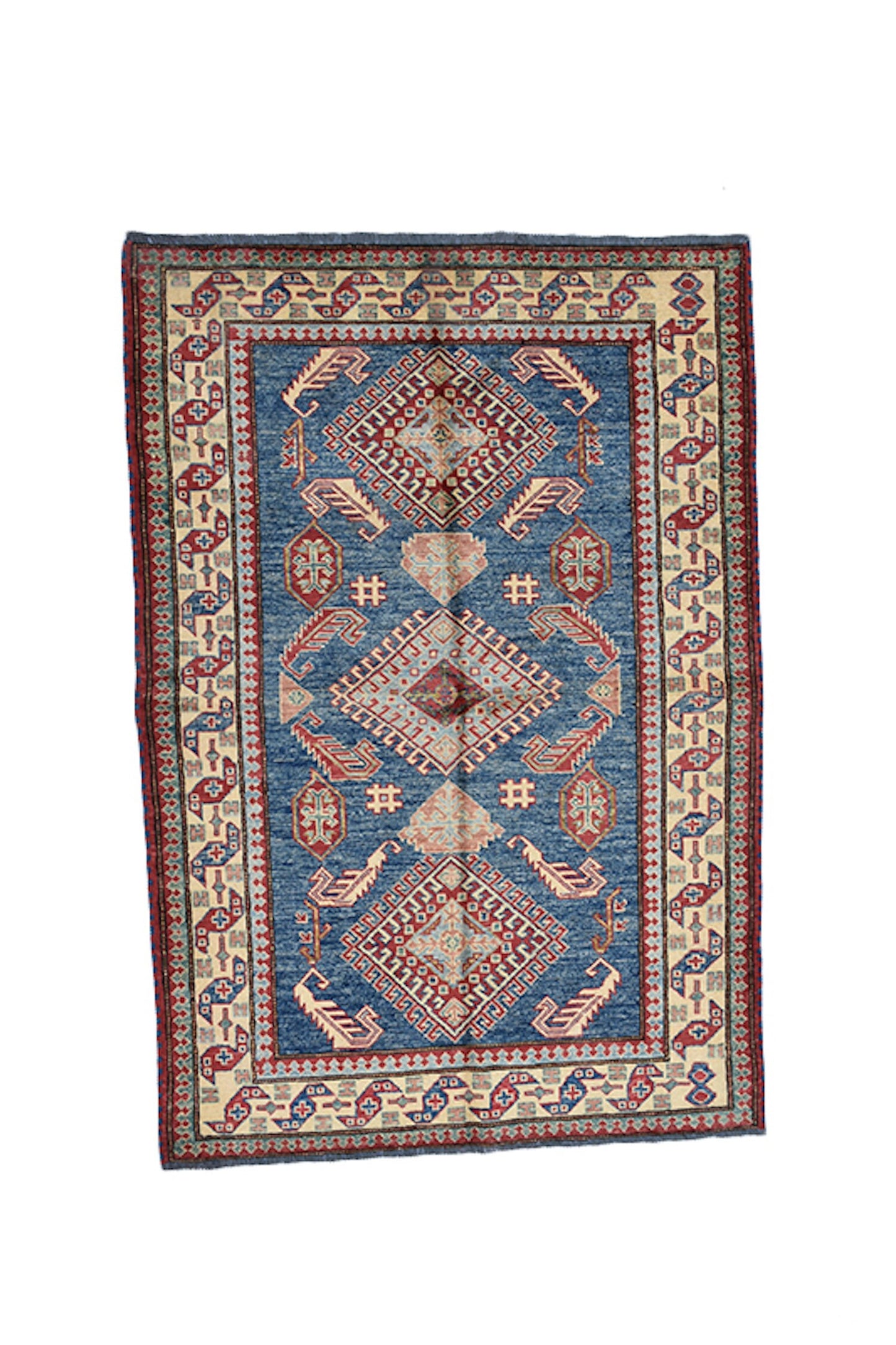 Tribal Area Rug 3 x 5 Hand Knotted Blue with Beige border made with Wool | Rustic Home Decor Style