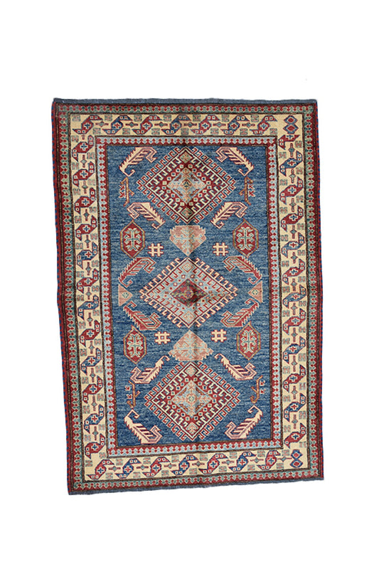 Tribal Area Rug 3 x 5 Hand Knotted Blue with Beige border made with Wool | Rustic Home Decor Style